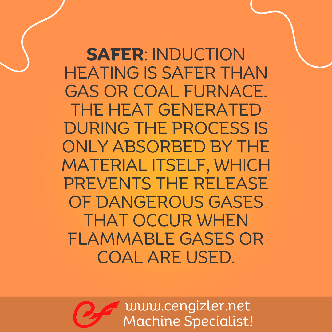 3 Safer. Induction heating is safer than gas or coal furnace. The heat generated during the process is only absorbed by the material itself, which prevents the release of dangerous gases that occur when flammable gases or coal are used